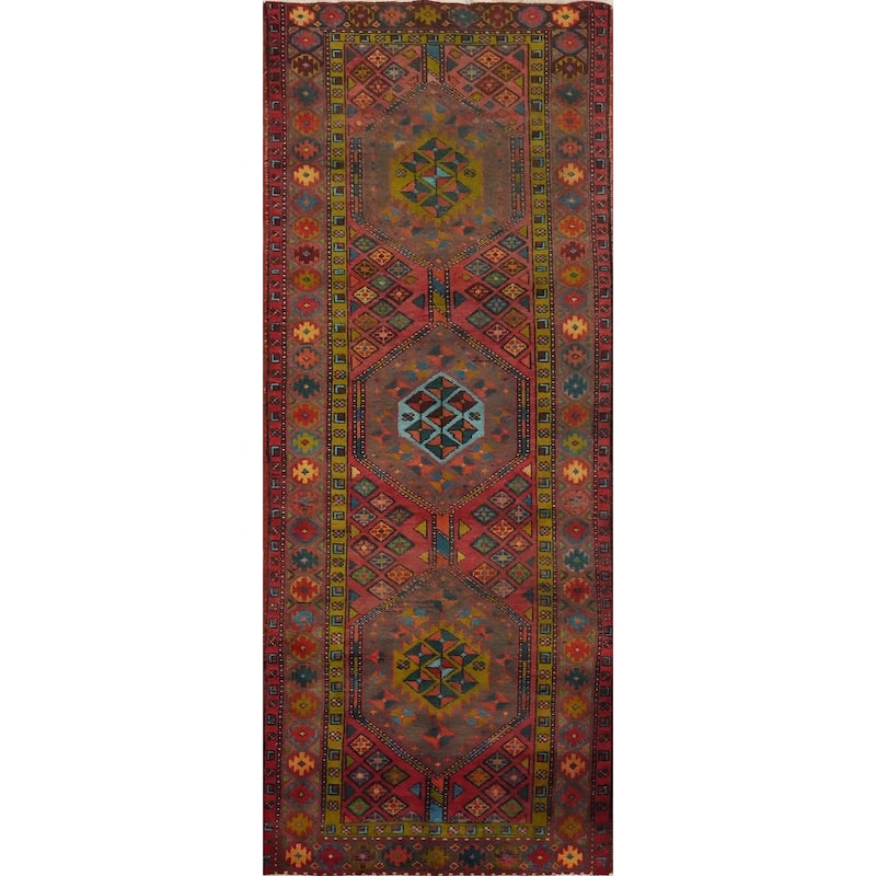 Hand Knotted Oriental 100% Wool Carpet Traditional Geometric Red Ardebil Runner Rug - 10' 2'' X 3' 8''