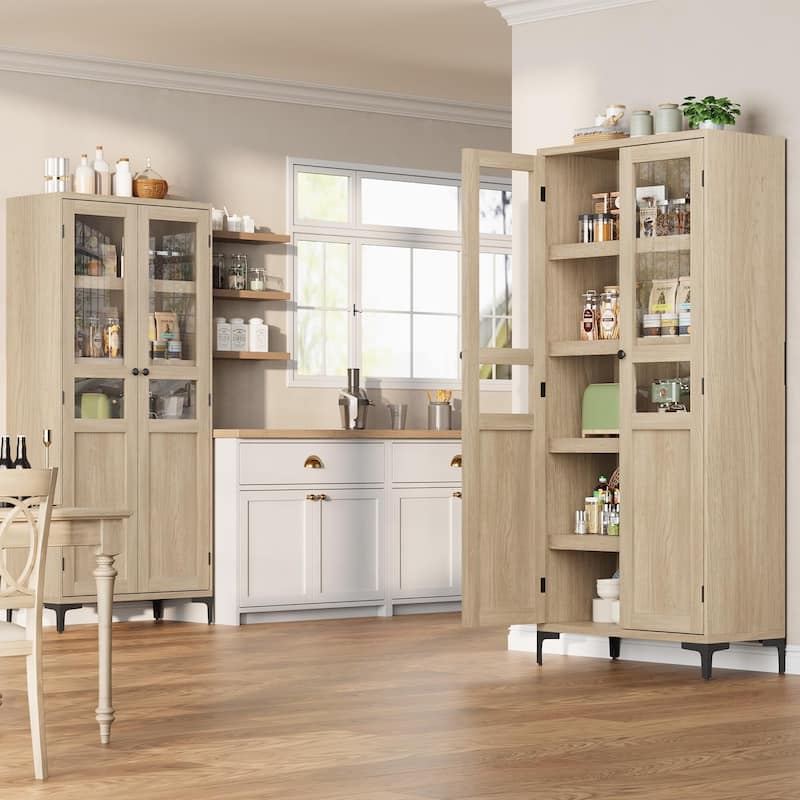 Tall Storage Cabinet,2 Glass Doors, Kitchen Pantry 5 Tier Bathroom Cabinet