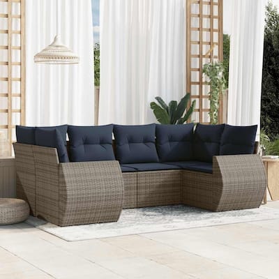 vidaXL 6 Piece Patio Sofa Set with Cushions Grey Poly Rattan - 24.4" x 24.4" x 27.2"