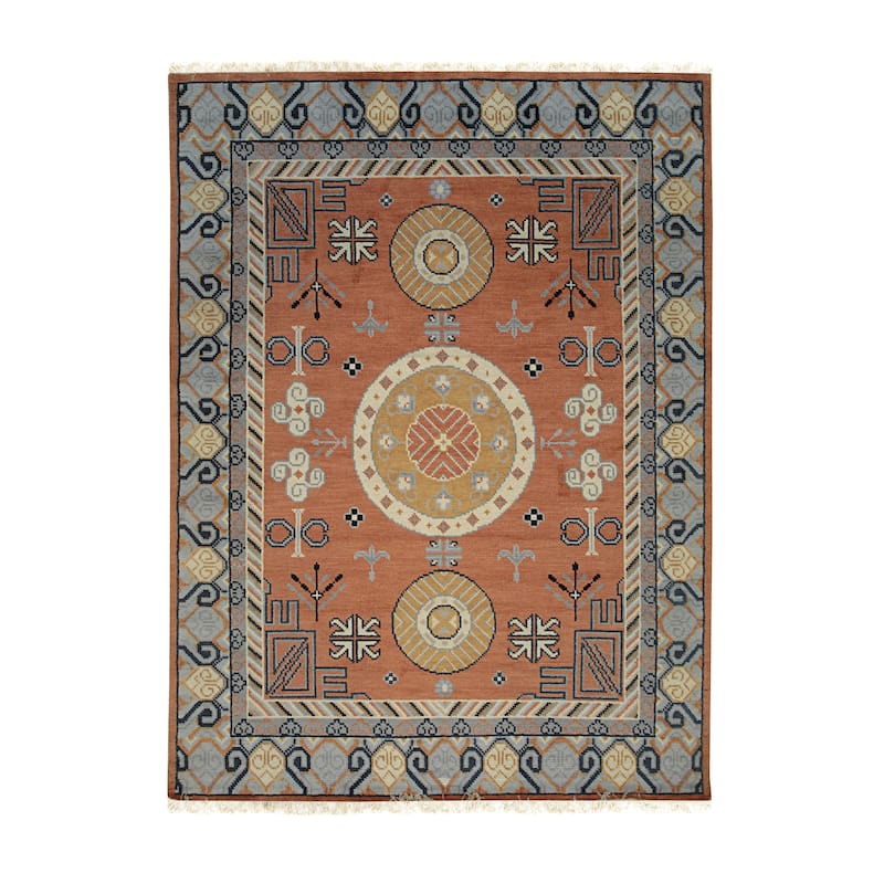 Handknotted Wool Rust Traditional Floral Khotan Weave Rug - 6' x 9'