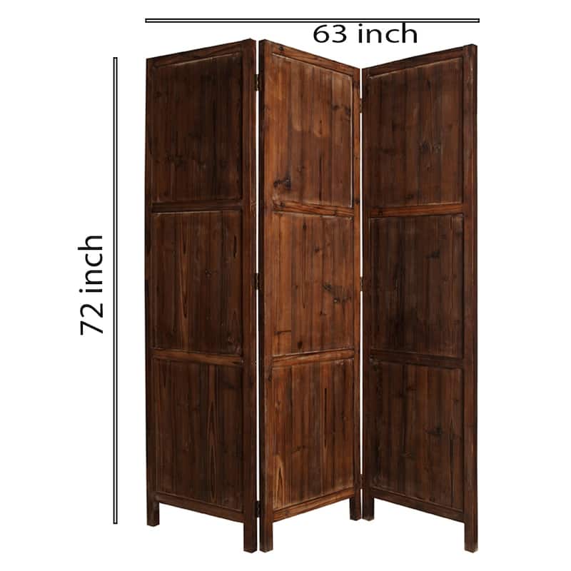 Wooden 3 Panel Room Divider with Plank Pattern, Brown