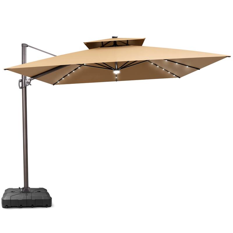 11 FT Solar-Powered LED Patio Cantilever Umbrella with Double Canopy and Base