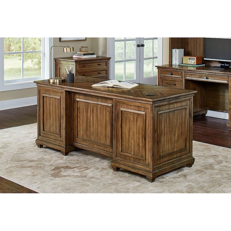 Traditional Wood Double Pedestal Executive Desk, Writing Table, Office Desk, Fully Assembled, Brown