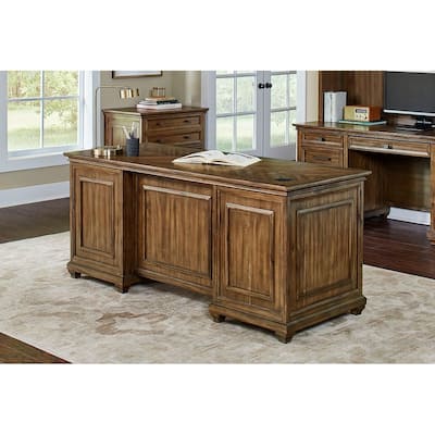 Traditional Wood Double Pedestal Executive Desk, Writing Table, Office Desk, Fully Assembled, Brown