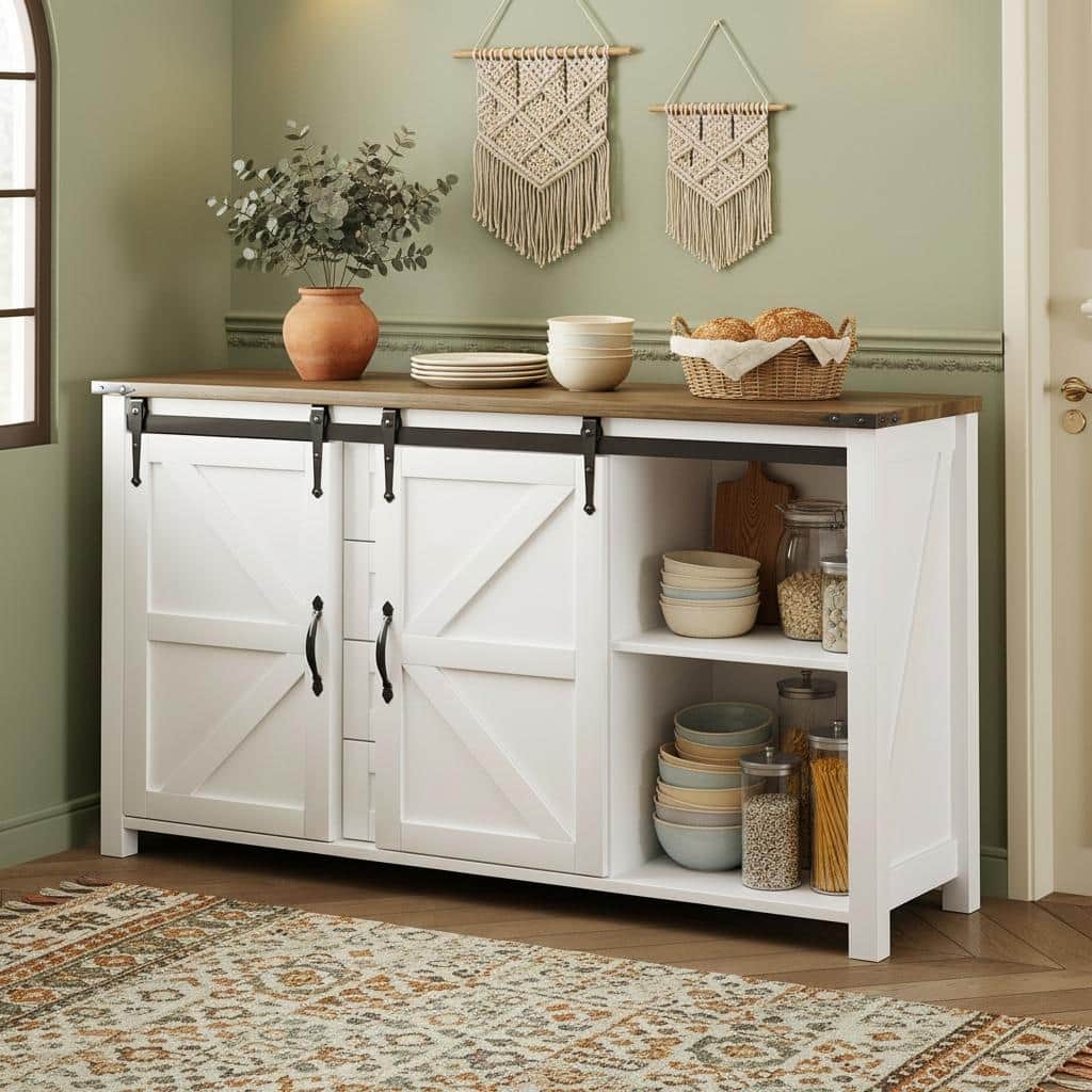 Farmhouse Sideboard Cabinet with Sliding Barn Doors, Power Outlet & 4 Drawers by Harper&Bright Designs