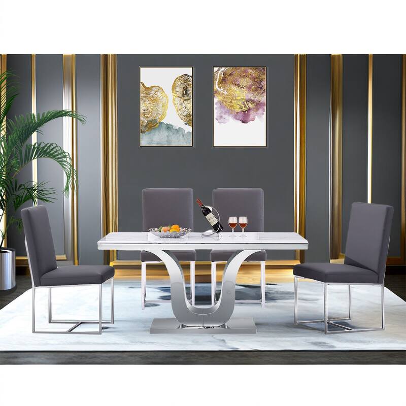 Grey Leather Upholstered Dining Chairs with Silver Stainless Steel Legs Set of 2