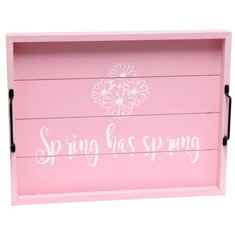 HomeRoots 16" Pink And White Spring has Sprung Serving Tray With Handles - 15.50 in. x 2.25 in. x 12.00 in.