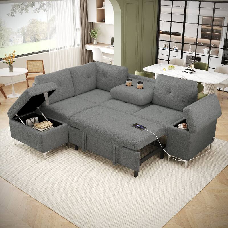 88.2" L-Shaped Upholstered Sofa with Ample Storage Space, Two Cup Holders and Two USB Ports