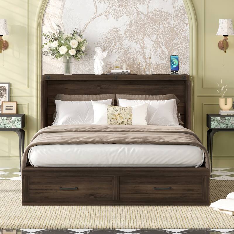Queen Size Farmhouse Murphy Cabinet Bed with Charging Station, Foldable Platform Bed with Large Storage Drawer for Guest-Room