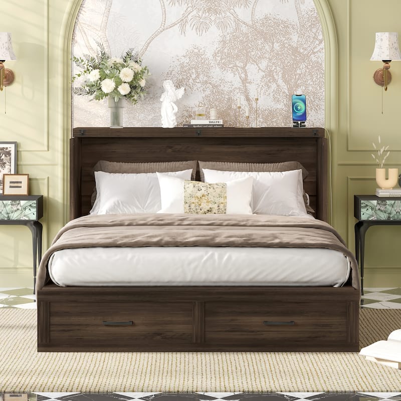Queen Size Farmhouse Murphy Cabinet Bed with Charging Station