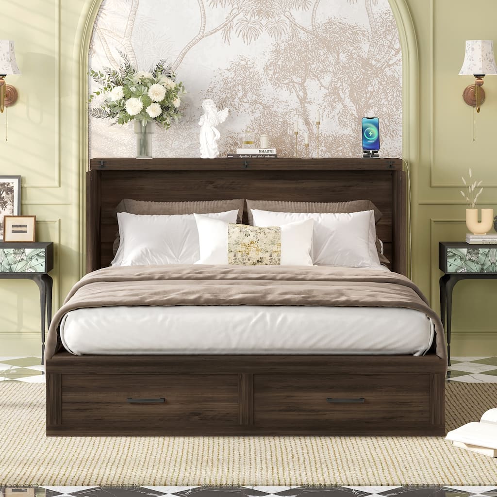Queen Size Murphy Cabinet Bed, Farmhouse Foldable Platform Bed Frame with Large Drawer