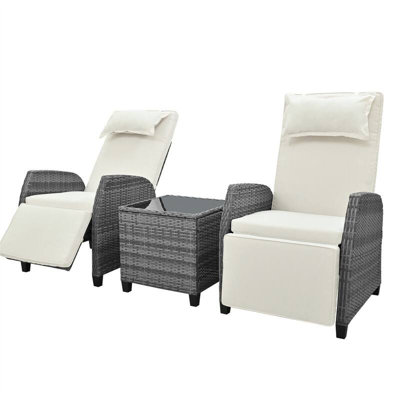 3 Pcs Patio Furniture Set, Patio Recliner Chairs Set of 2, Patio Conversation Set w/ Side Table, Outdoor Rattan Reclining Chairs