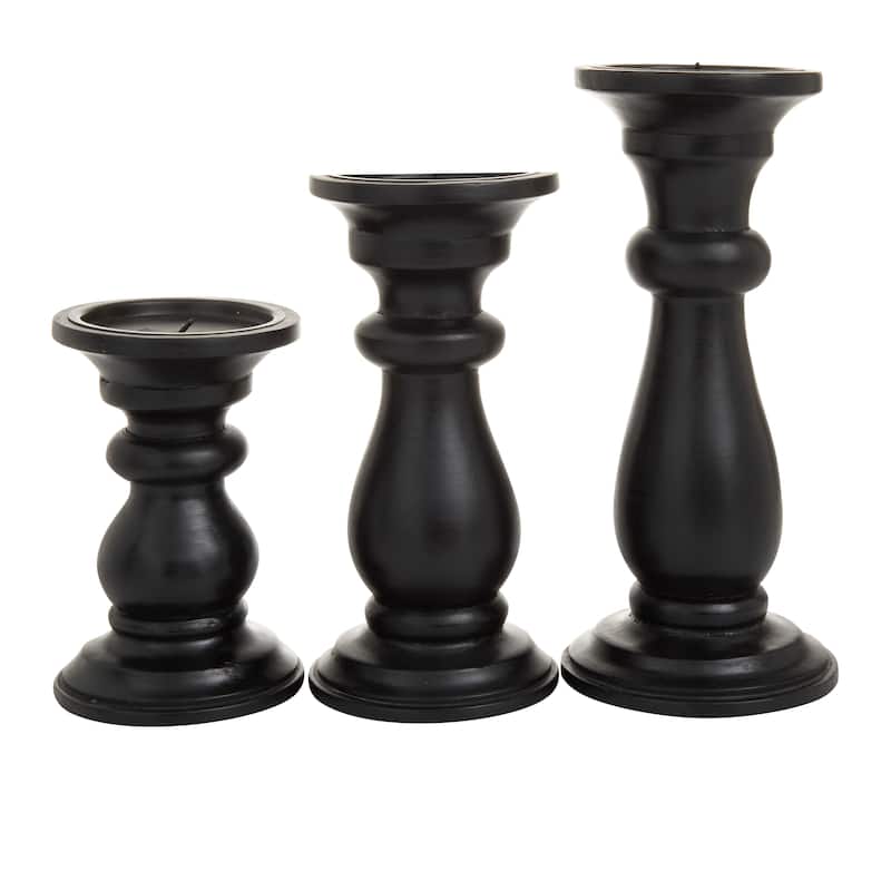 Mango Wood Turned Style Pillar Candle Holder (Set of 3) - Black, White or Gold - S/3 10", 8", 6"H