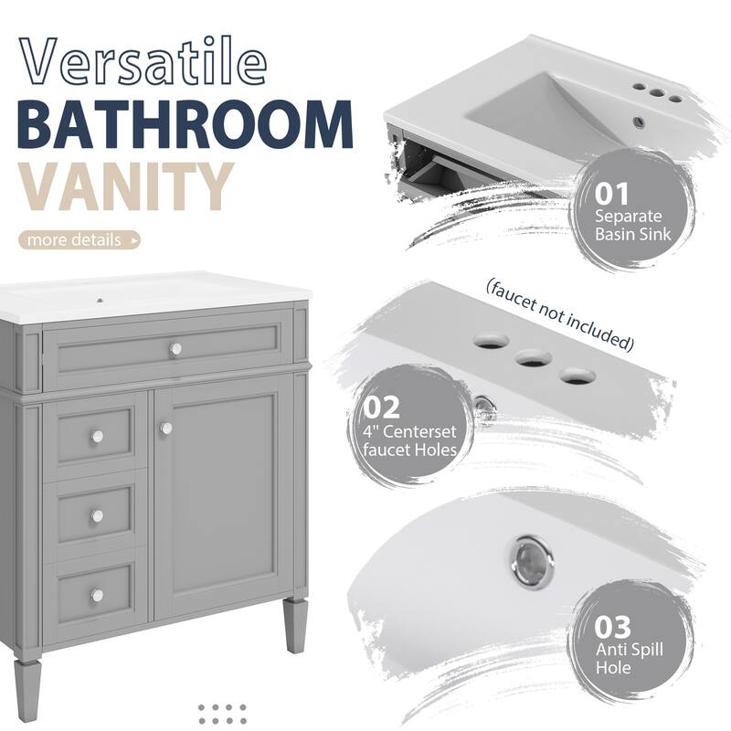 GDFStudio - Ravensden Modern Freestanding Bathroom Vanity Set with Ceramic Sink and Mirror Cabinet with a Tip-out Drawer - 30'W