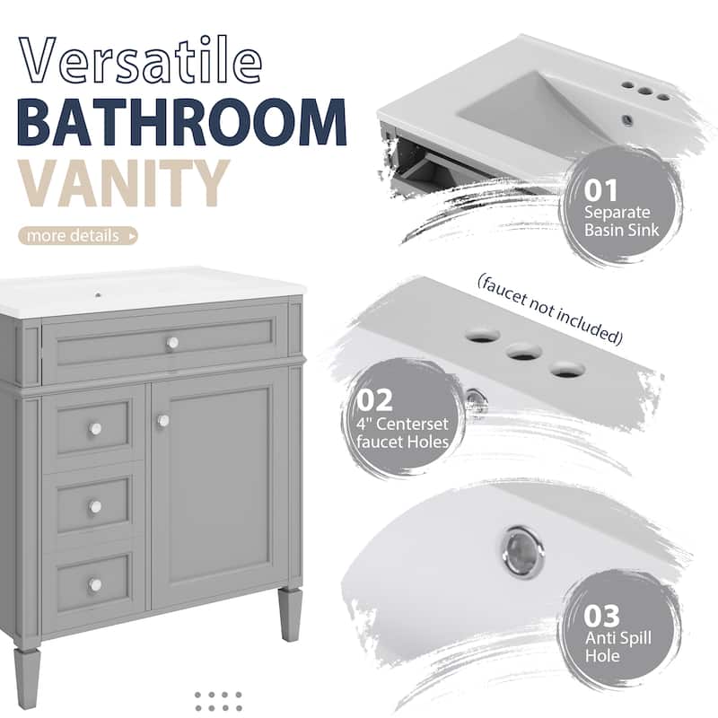 Roomfitters 30" Vanity with Sink, Cabinet with 2 Drawers and Tip-out Tray, Set with Mirror Cabinet, Freestanding Design