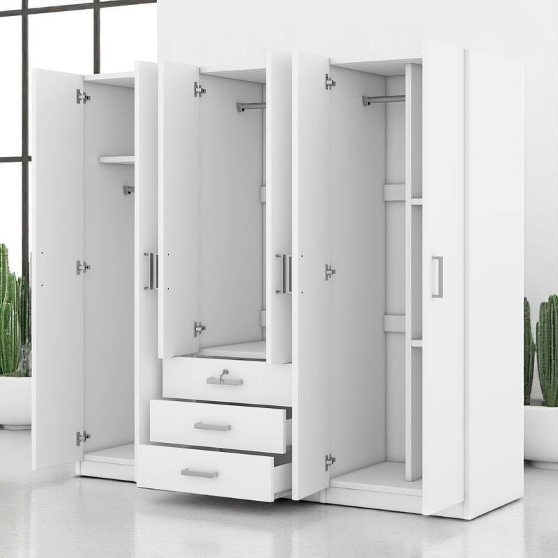 Modern 6-Door Wooden Wardrobe Armoire with Shelves, Drawers, and Locking Storage for Bedroom Use