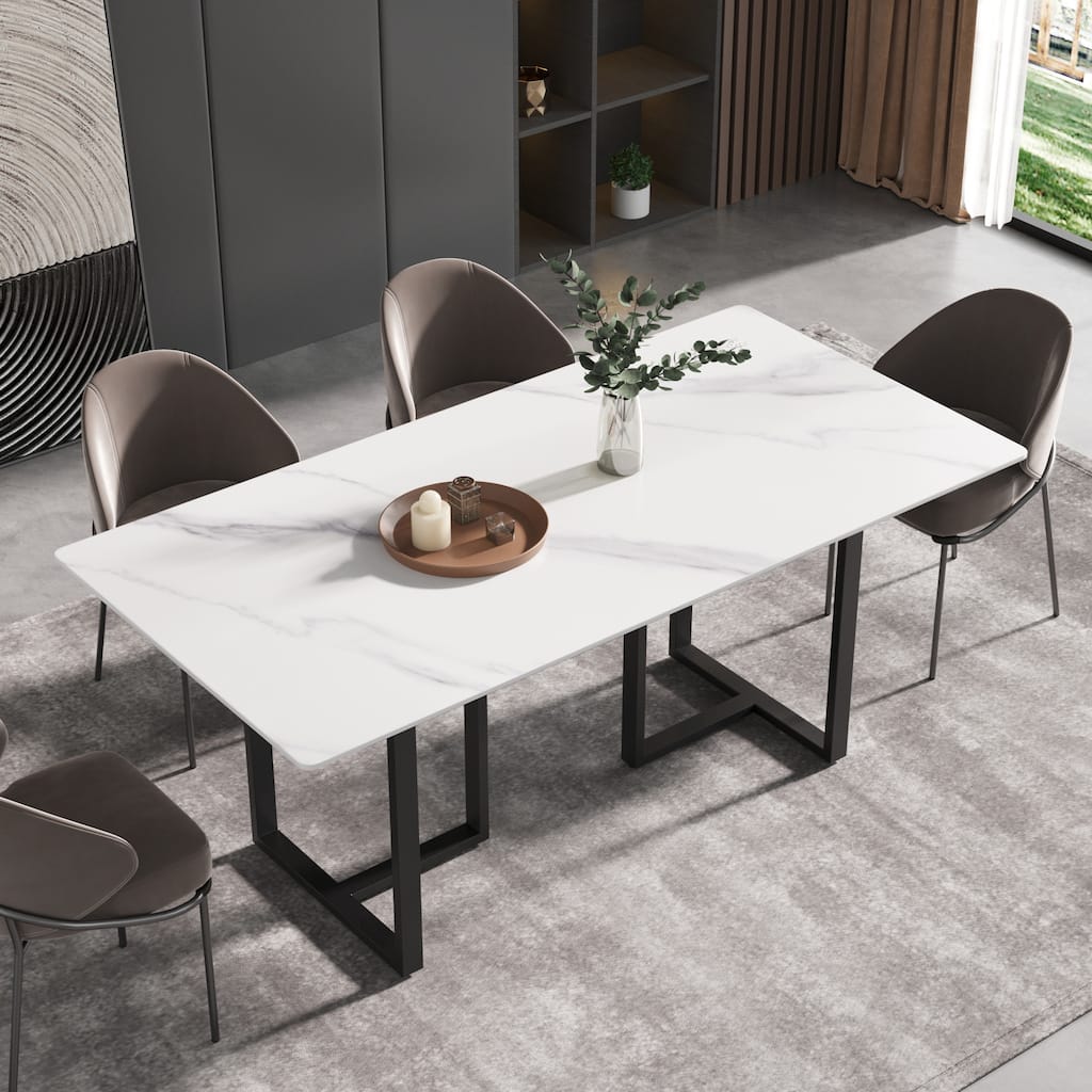 71" White Marble Dining Table for 6-8,Rectangular Tabletop and Triangular Carbon Steel Legs