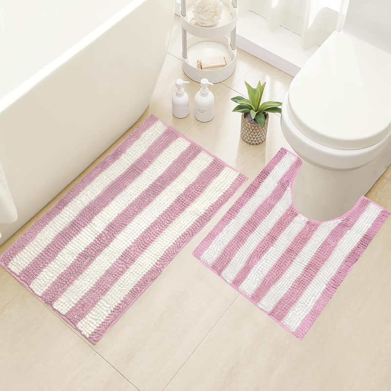 2 Piece Set Pink White Stripe Soft Cozy Plush Chenille Bath Mat Bathroom Rug - 30"x20"R+20"x20"U - Pink