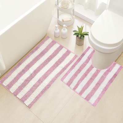 2 Piece Set Pink White Stripe Soft Cozy Plush Chenille Bath Mat Bathroom Rug