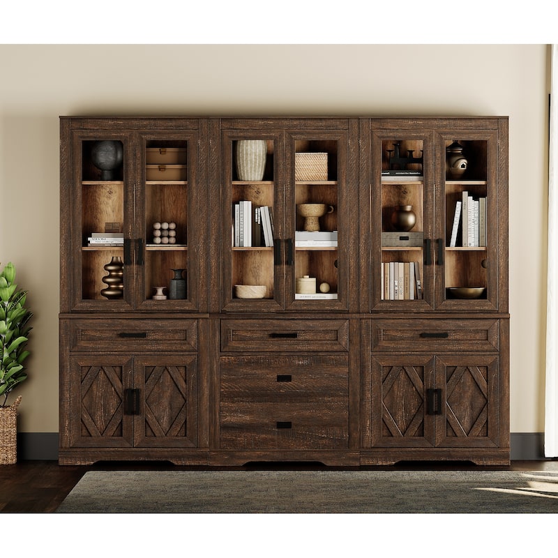 3-Column 73.3" Tall Bookshelf Set with Open Storage and Glass Doors - Rustic Brown - 3 Glass Door