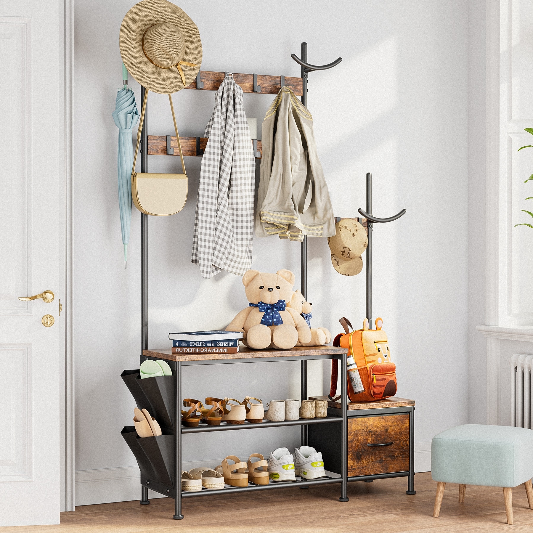 Shoe Storage Kids Standing Coat Rack Bamboo Wood Clothing Garment