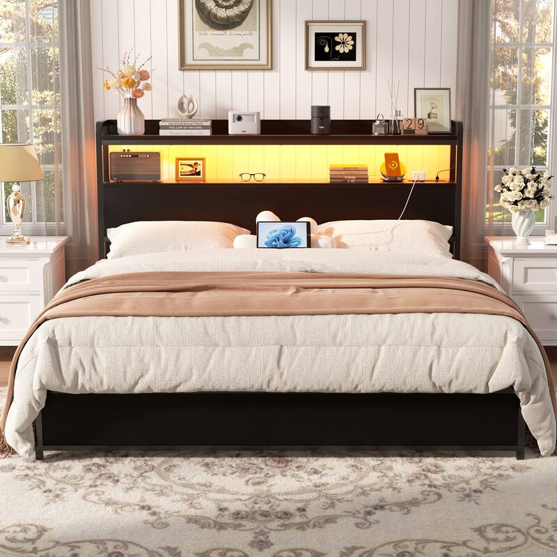 Headboard with Storage Drawers and LED Light, Head Board with Outlets, USB Ports