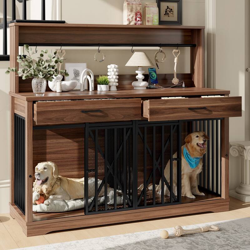 55.1" Dog Crate Furniture, Dog Cage Table with 2 Storage Drawers and Shelves, TV Stand Side End Table