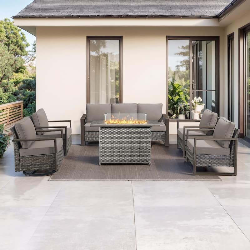 Pocassy Fire Pit Table with Outdoor Sofa Chair Ottoman Set - Grey Wicker Gray Cushion - 6-Piece Sofa Chair with Fire Table