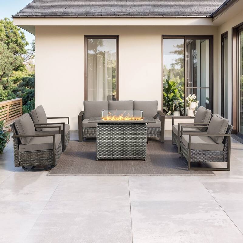 Pocassy Outdoor Sofa Patio Chair with Fire Table Set - Grey Wicker Gray Cushion - 6-Piece Sofa Chair with Fire Table