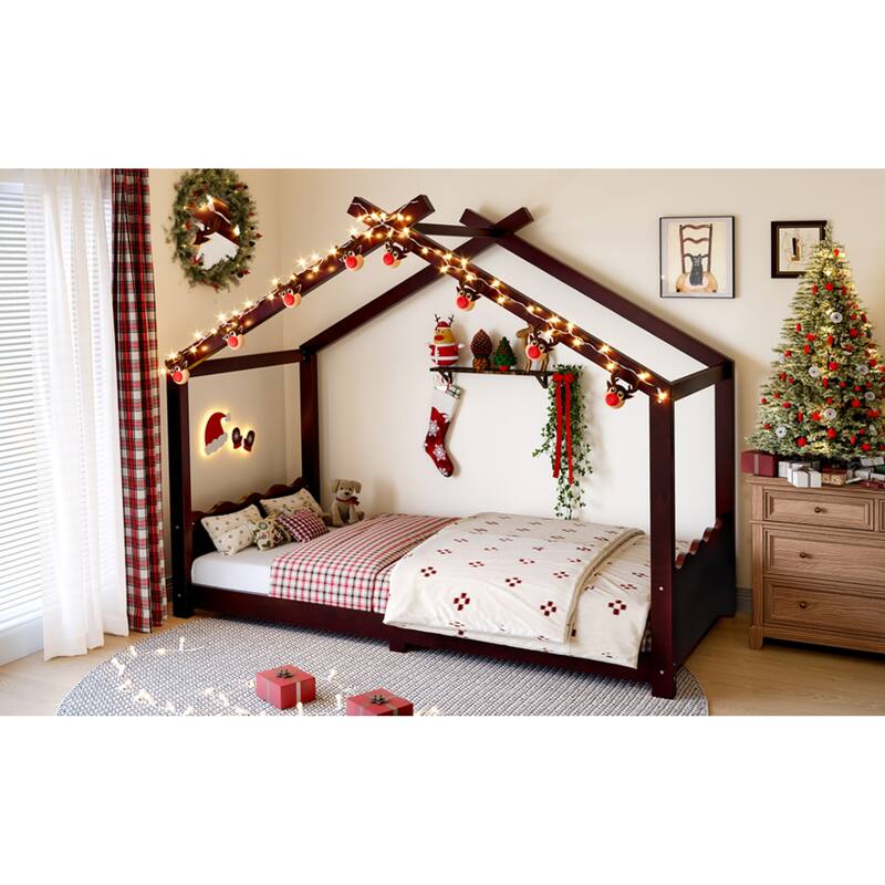 Roomfitters House Floor Bed with Support Slats, Solid Wood Open Frame Design