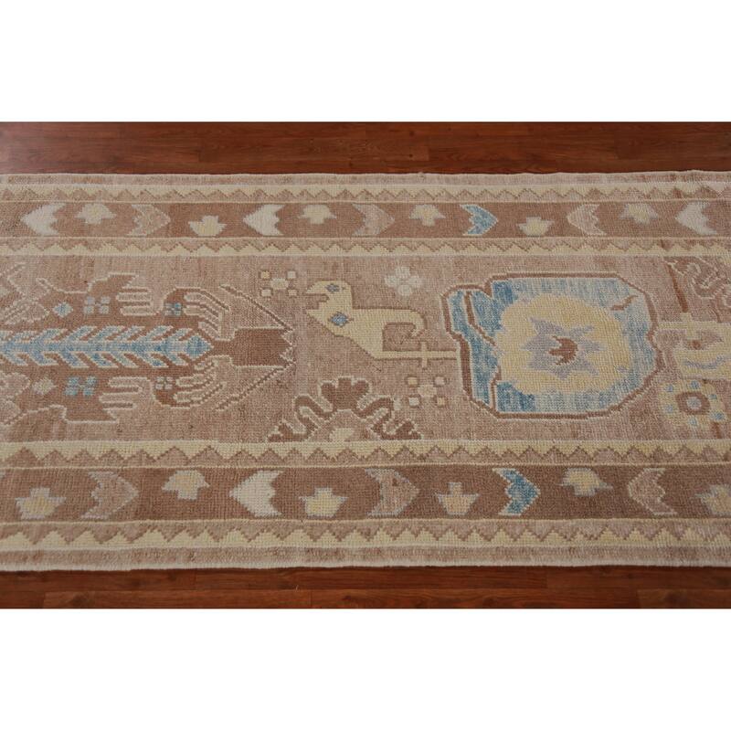 Hand Knotted Oriental 100% Wool Carpet Transitional Geometric Brown Oushak Runner Rug - 13' 6'' X 3' 0''