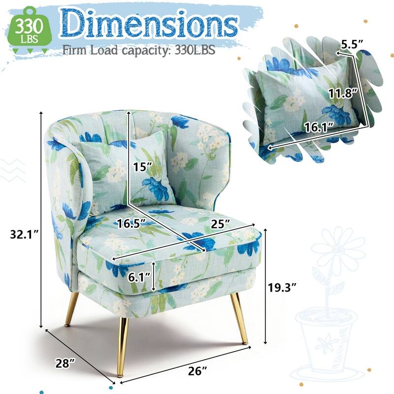 Mid Century Modern Upholstered Reading Chair with Lumbar Pillow, Gold Metal Legs, Small Space Friendly for Living Room Bedroom