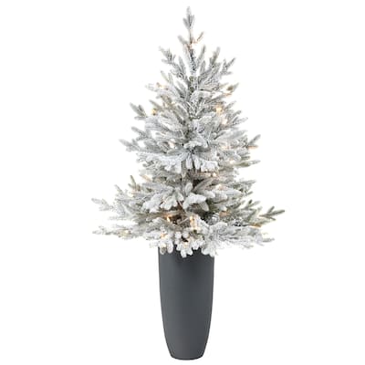 4' Flocked Artificial Christmas Tree with 200 Lights in Gray Planter