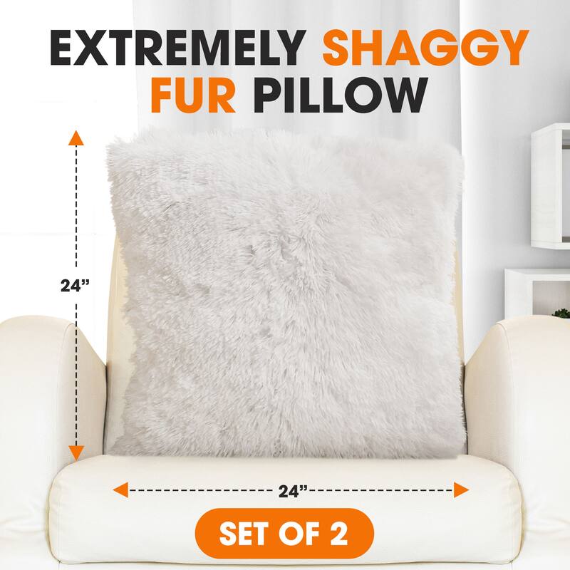 Cheer Collection Super Soft Shaggy Long Hair Throw Pillows Set of 2 Plush Accent Cushions