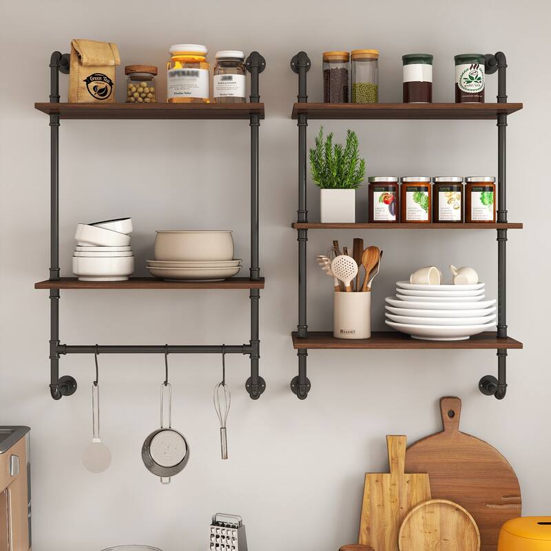 GDFStudio - Sara Industrial Wall-Mounted 3-Tier and 2-Tier Wood & Metal Floating Shelves