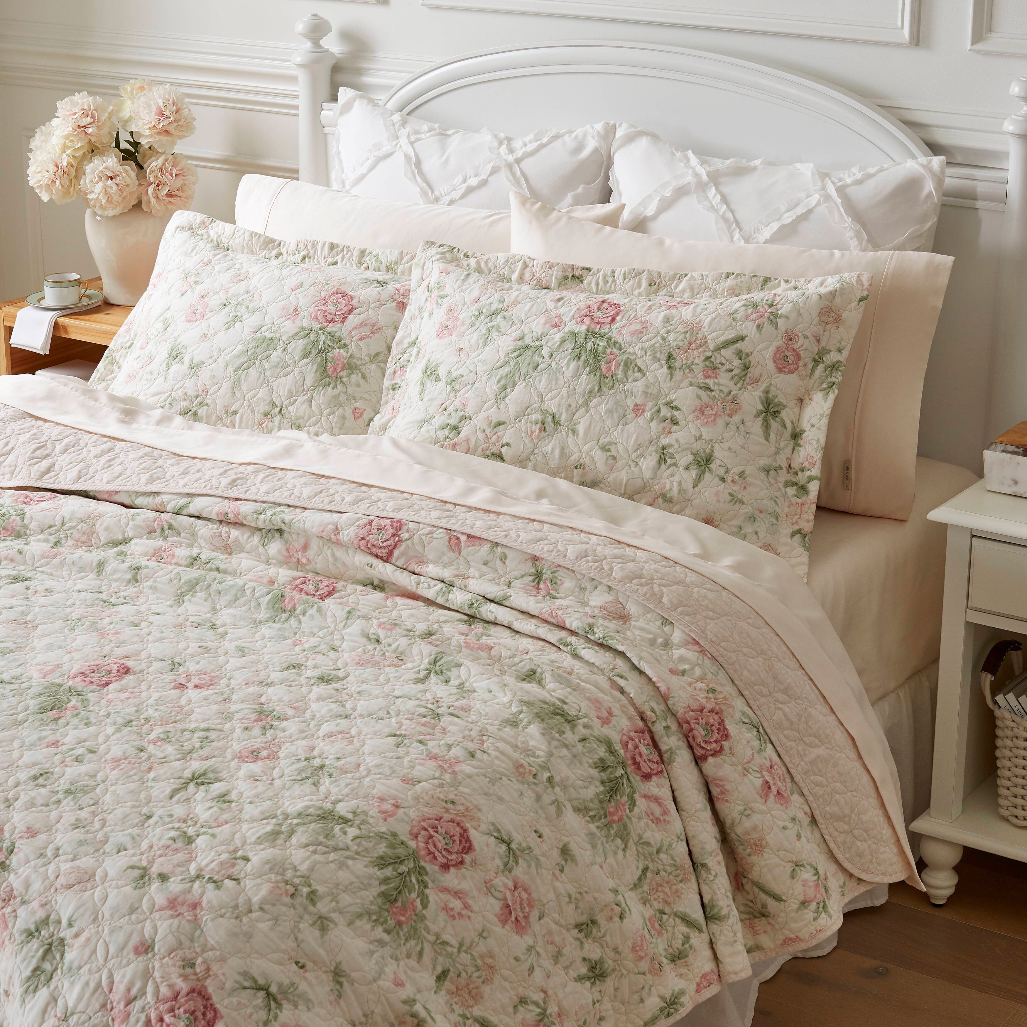 Laura Ashley Breezy Floral Cotton Reversible Pink/Green Quilt Set