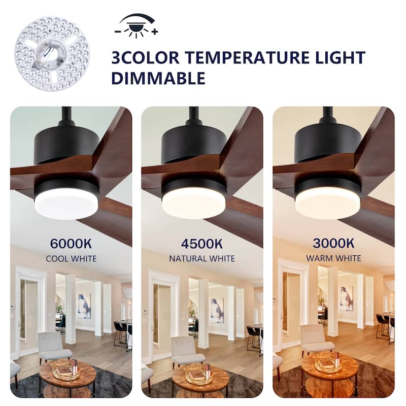 60 Inch Ceiling Fan with Light and Remote, 3 Walnut Solid Wood Blades, Quiet DC Motor, 6-Speed 5000 CFM - Black + Dark Walnut