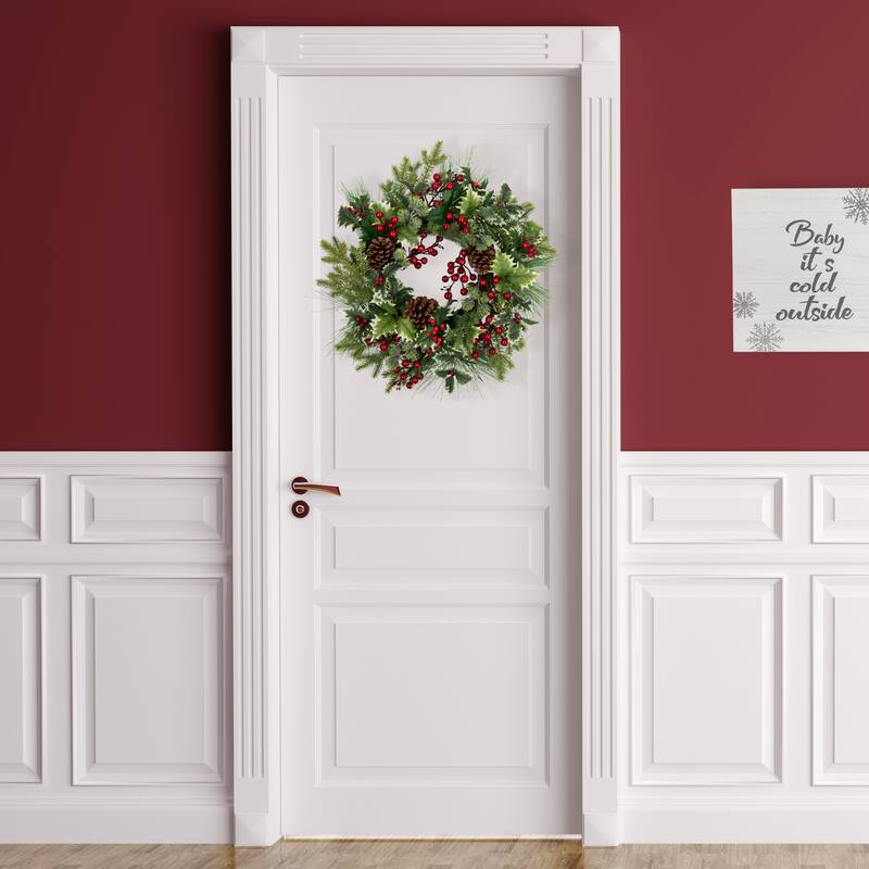 Holly and Berries Frosted Thistle and Pine Artificial Christmas Wreath - 24" - Unlit