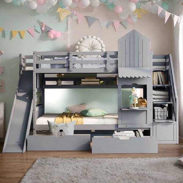 slide 2 of 50, Beautiful Playhouse Inspired Twin-Over-Twin Castle Style Bunk Bed Gray