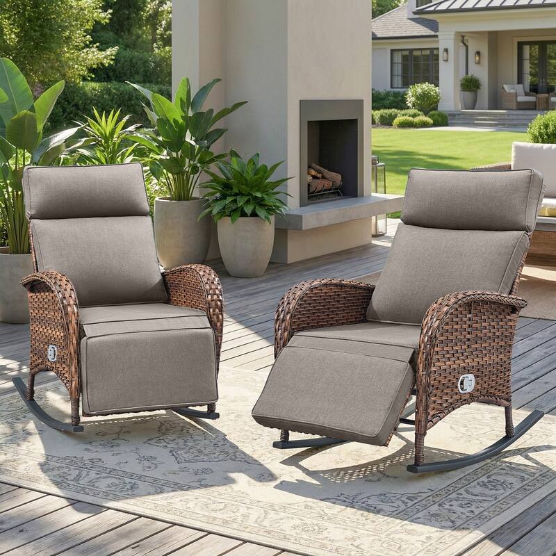 Pocassy Patio Versatile Outdoor Recliner Rocker Chair Table with Thick Cushion - Brown Wicker with Gray Cushion - 2-Piece Rocker Recliner Chair