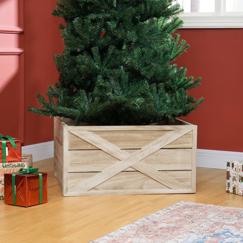 Christmas Tree Collar in Light Distressed Wood with Rustic X Motifs for Tree Base - 28.3" L x 27.2" W x 14.6" H
