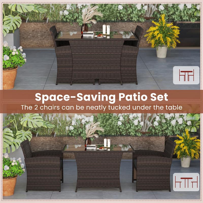 3 Piece Patio Wicker Dining Set with Glass Table and Cushioned Chairs - 25" x 23.5" x 31"