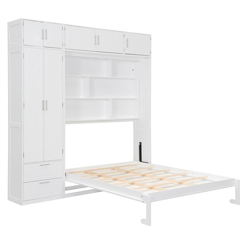 Queen Size Murphy Bed Wall Bed with Top Cabinet and Wardrobe, Space Saving Folding Murphy Cabinet Bed with 2 Drawers and Shelves