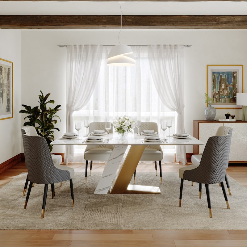 Modern Luxury White Rectangular Dining Table with Glossy Sintered Stone Tabletop, White Z-shaped Stainless Steel Base