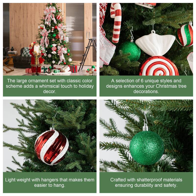 Glitzhome 18ct Christmas Tree Whimsical Red/ Green/ Silver Deluxe Large Ball Ornaments