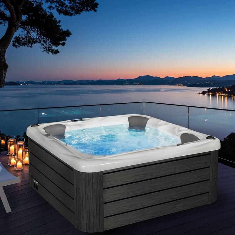 EROMMY 4 Person Outdoor Acrylic Hot Tub Spa with 30 Jets, Ozonator, Insulated Cover, LED Lights & Bluetooth Speaker - 4-Person