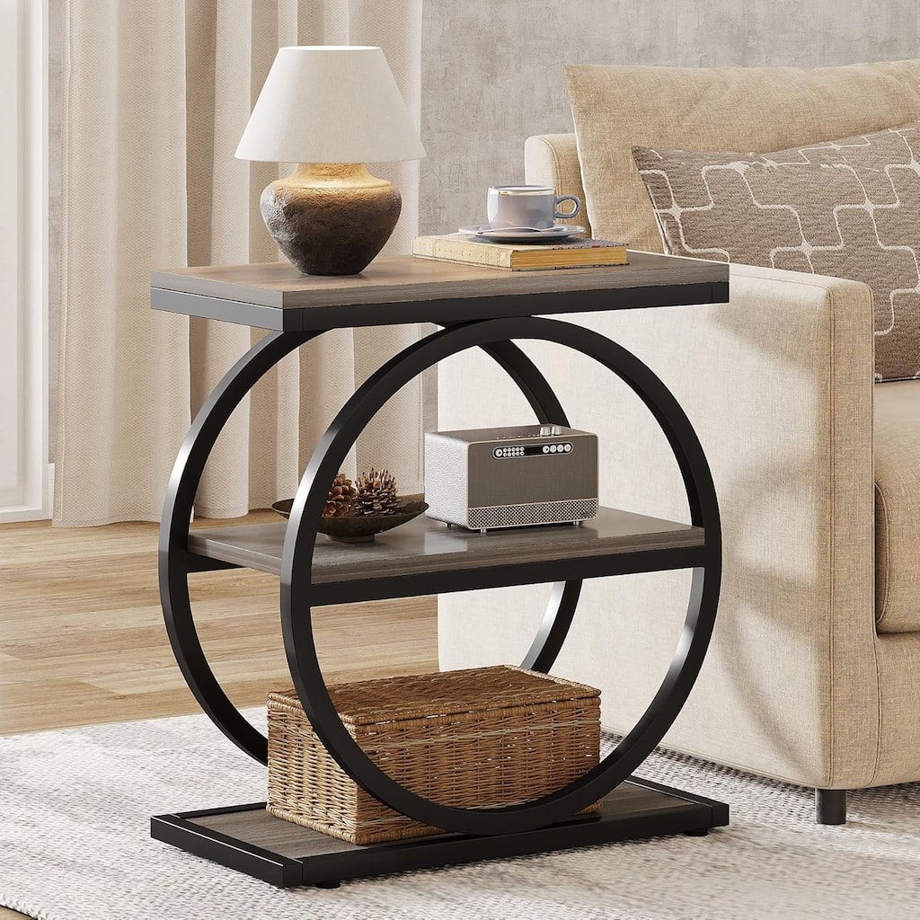 23.6" Space-Saving Side Table, Grey Wood & Black Metal Frame