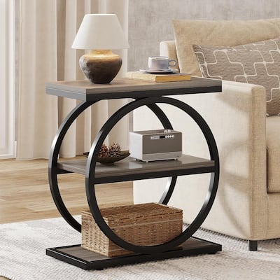 Narrow End Table with 3 Shelves - 23.6" Space-Saving Side Table, Grey Wood & Black Metal Frame - Multi-Functional Sofa Table