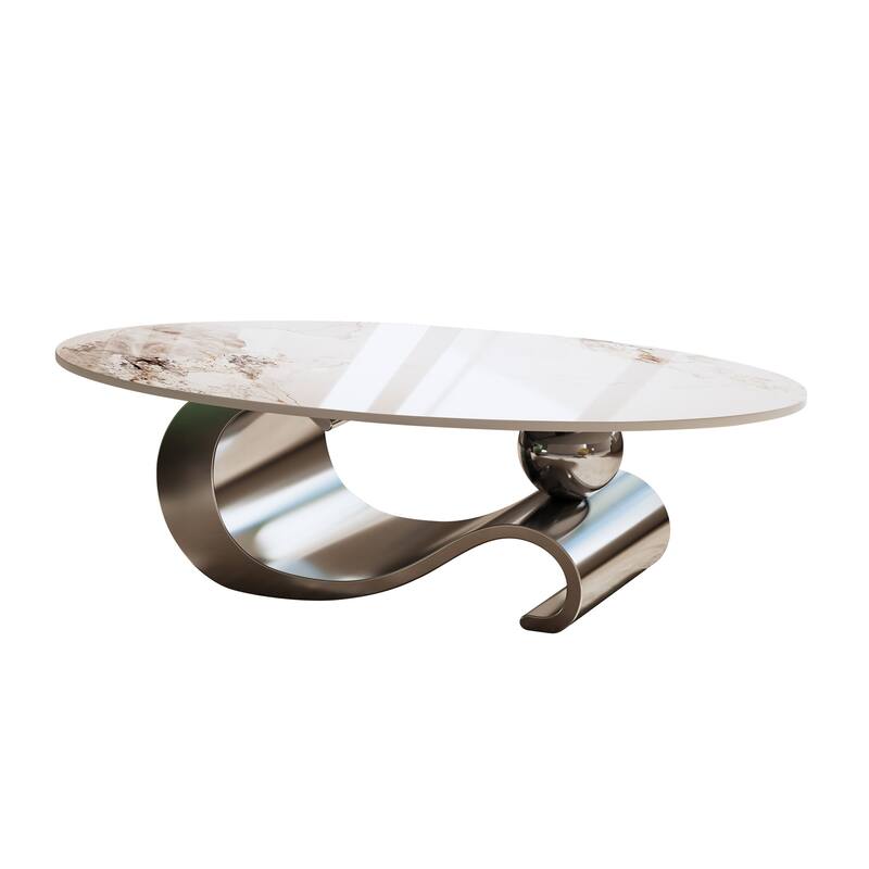 GDFStudio - Contemporary 49.2" Oval Sintered Stone Coffee Table with S-Shaped Stainless Steel Base & Novel-Pattern Top