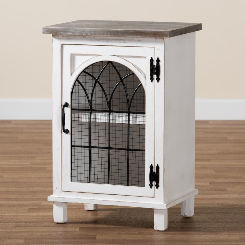 Faron Traditional Farmhouse White and Oak Brown Wood 1-Door End Table